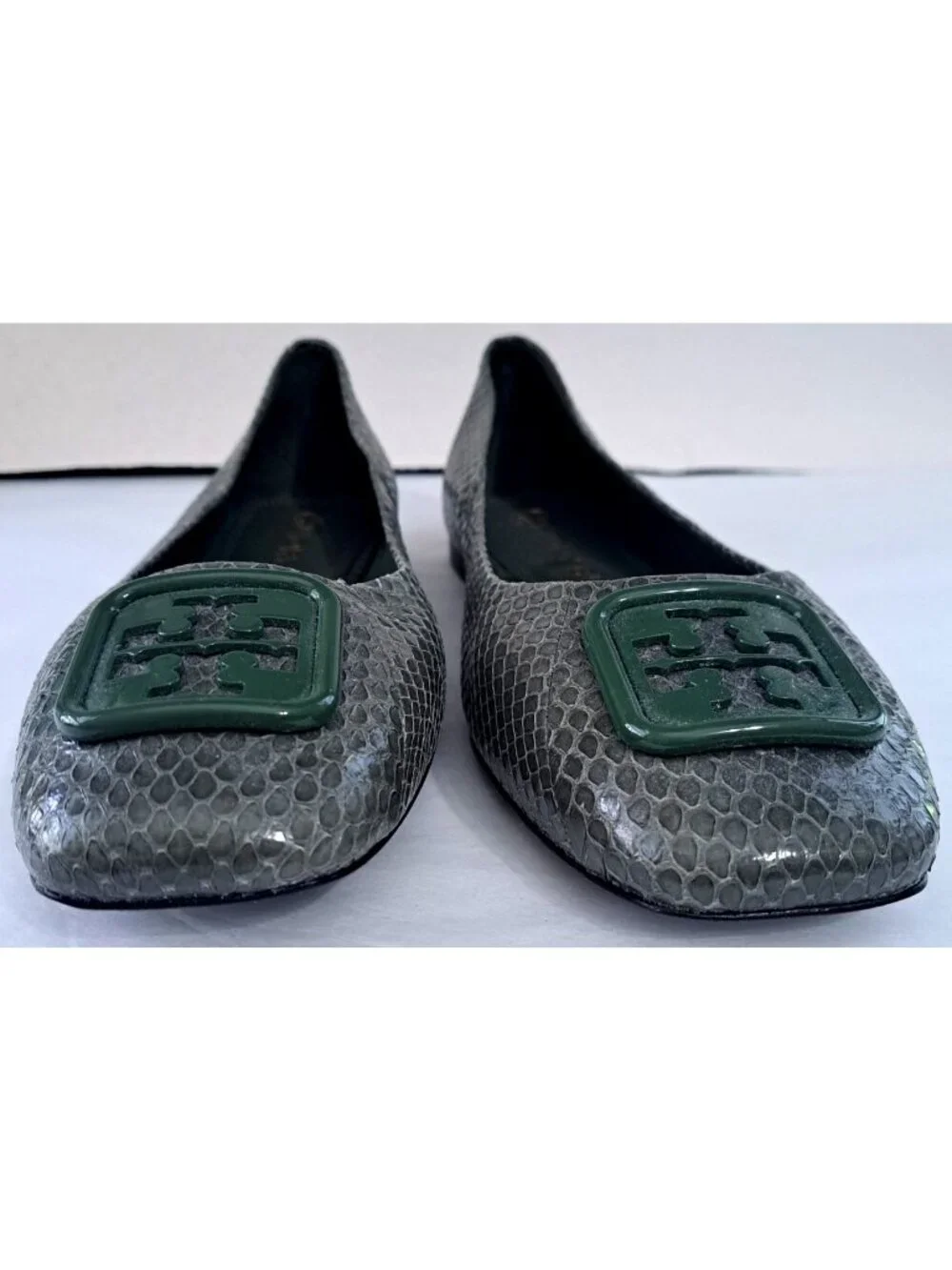 TORY BURCH Sz. 8 Georgia Green Palm Leaf Snake-Embossed Leather Ballet Flats